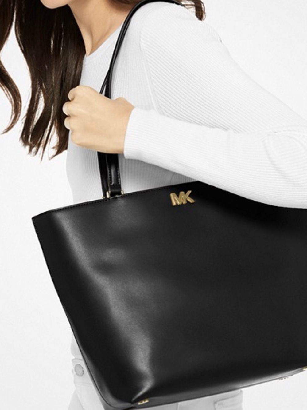 Michael Kors Black Leather Tote with Gold MK Emblem